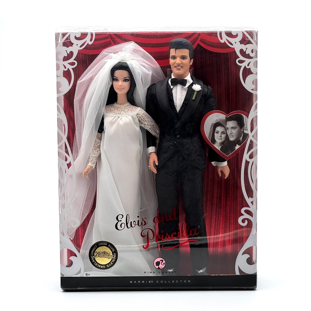 Elvis and Priscilla Barbie Doll Set Graceland Wedding Pink Label NIB 2008